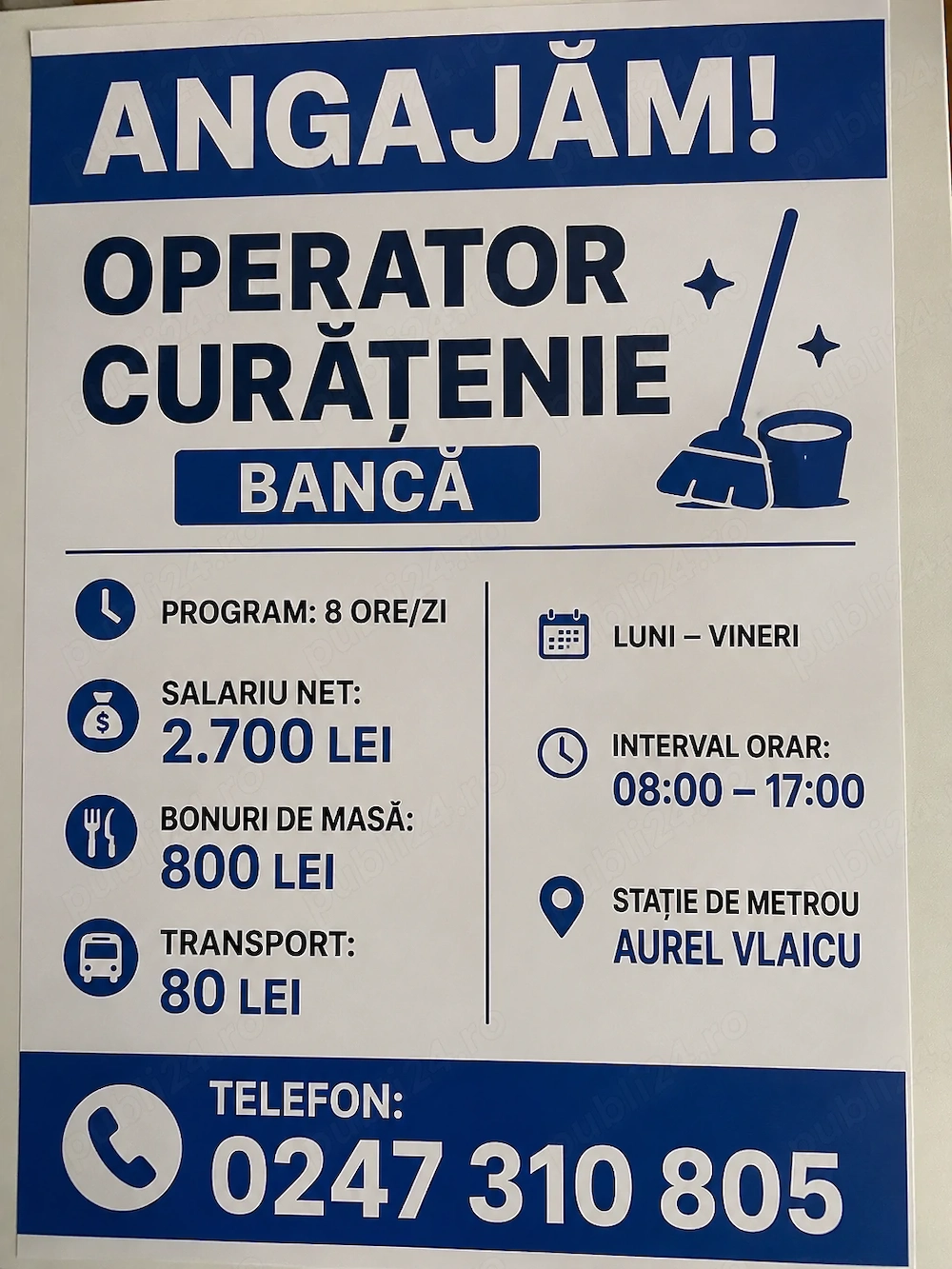 Angajam operator curatenie - Banca