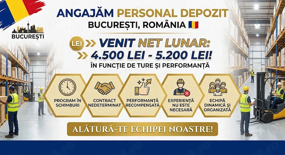 Angajăm Personal Depozit   4.500   5.200 LEI net lună 