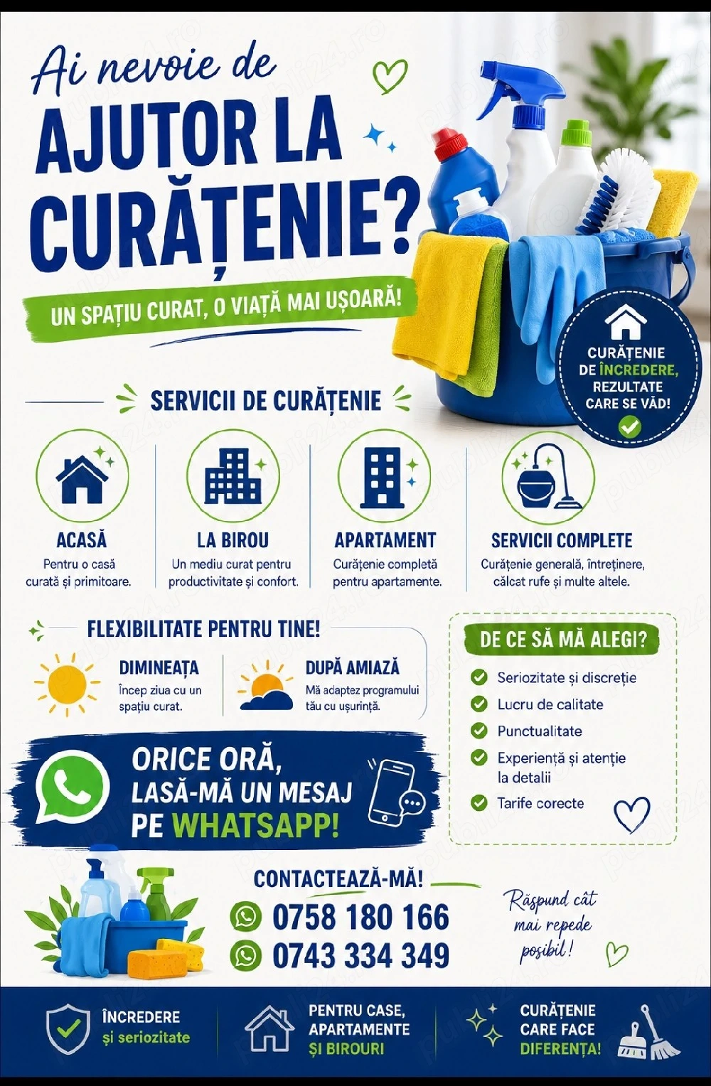 servicii de curățenie, Disponibilă pentru servicii de curățenie, pentru case, birou, apartamente 