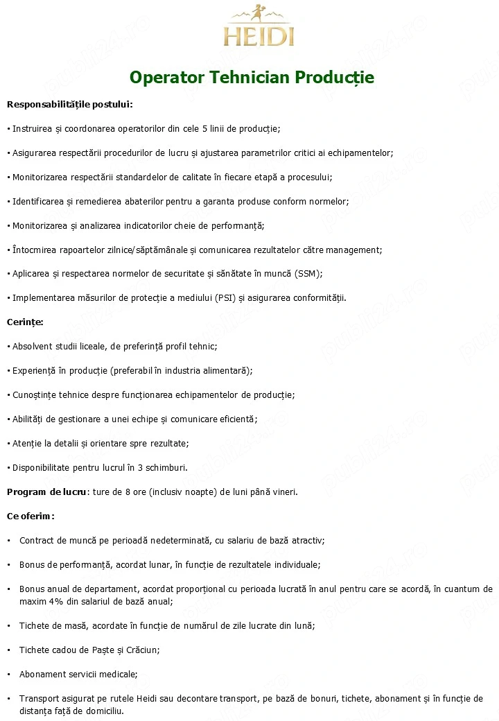 Operator Tehnician Producție - HEIDI CHOCOLAT