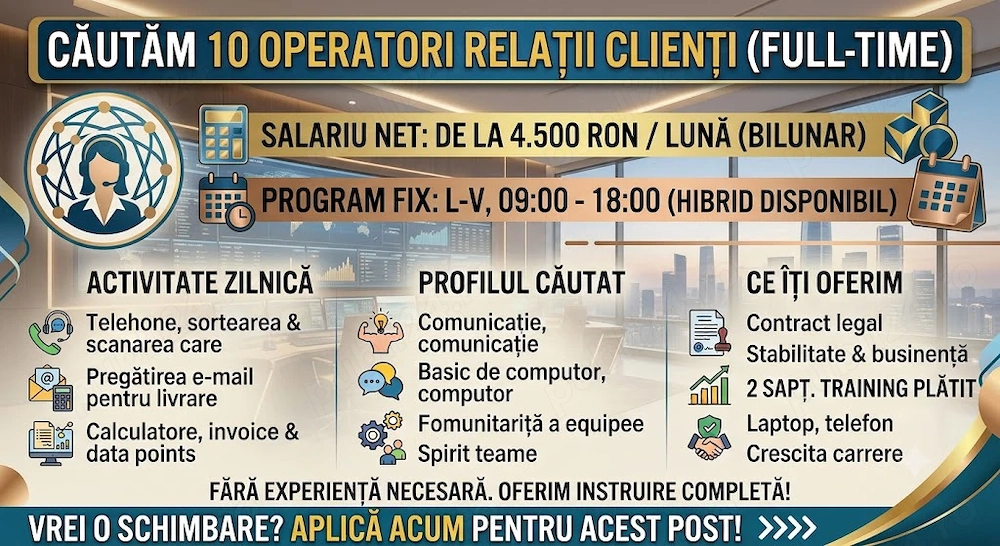 Căutăm 10 Operatori Relații Clienți (Full-Time)