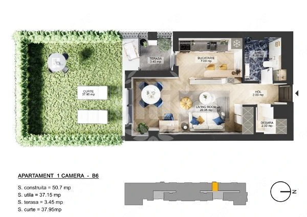 Apartament 1 camera zona de Nord - 43.09 mp utili si curte