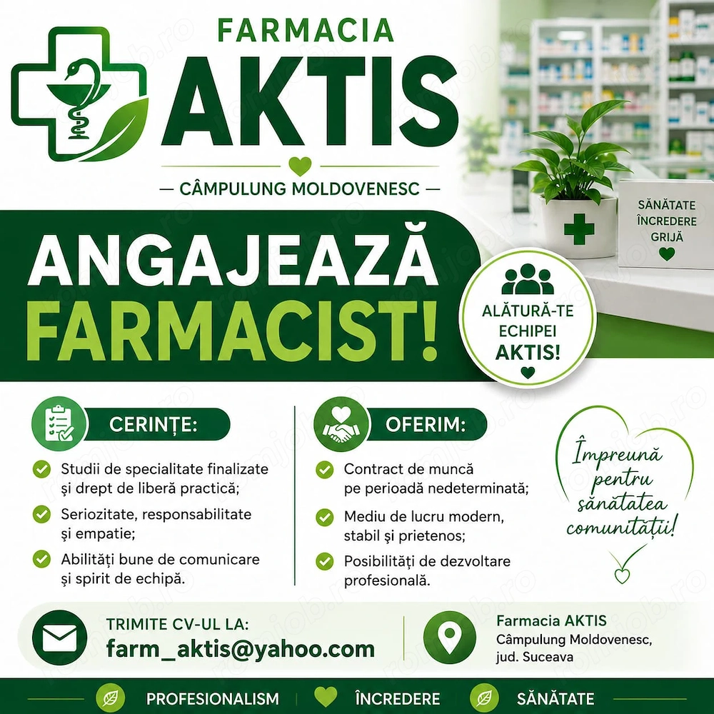Angajez farmacist (ă) care să investească cu profesionalism și dedicare acestei profesii.