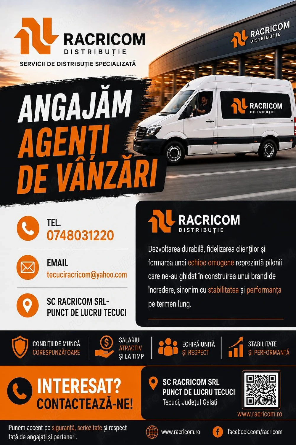 SC RACRICOM SRL-punct de lucru Tecuci- Angajeaza  Agenti de vanzari