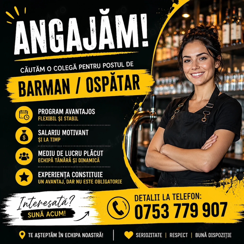 SC Angajează pe perioadă nedeterminată barman ospatar
