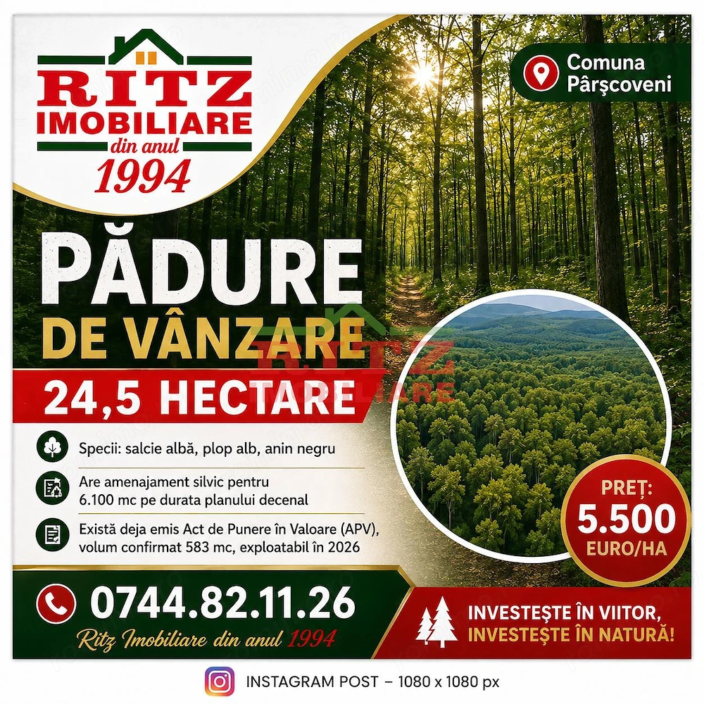 NOU ! Padure in S=24,5 ha de vanzare in Parscoveni, ideala INVESTITIE !
