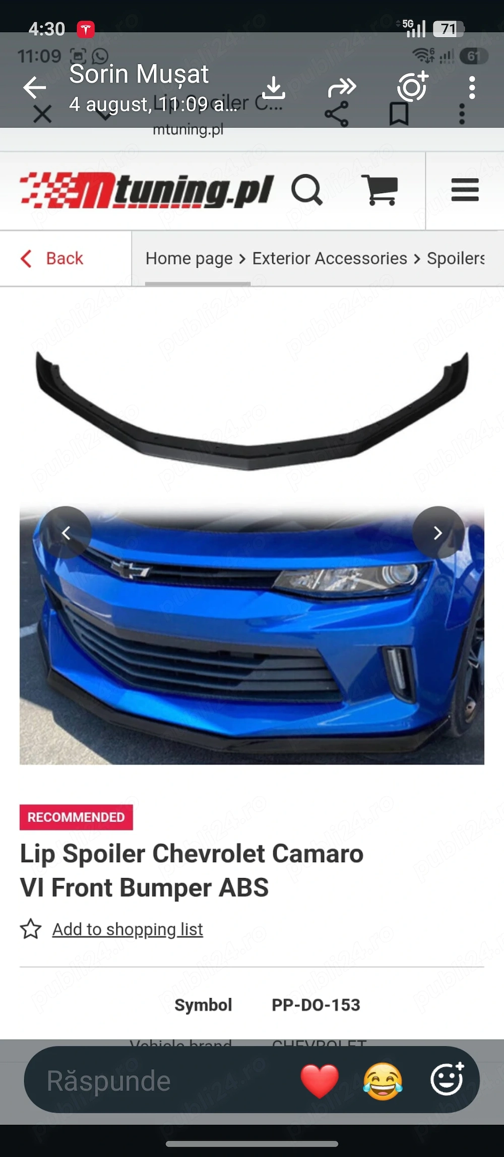 Lip spoiler Camaro 