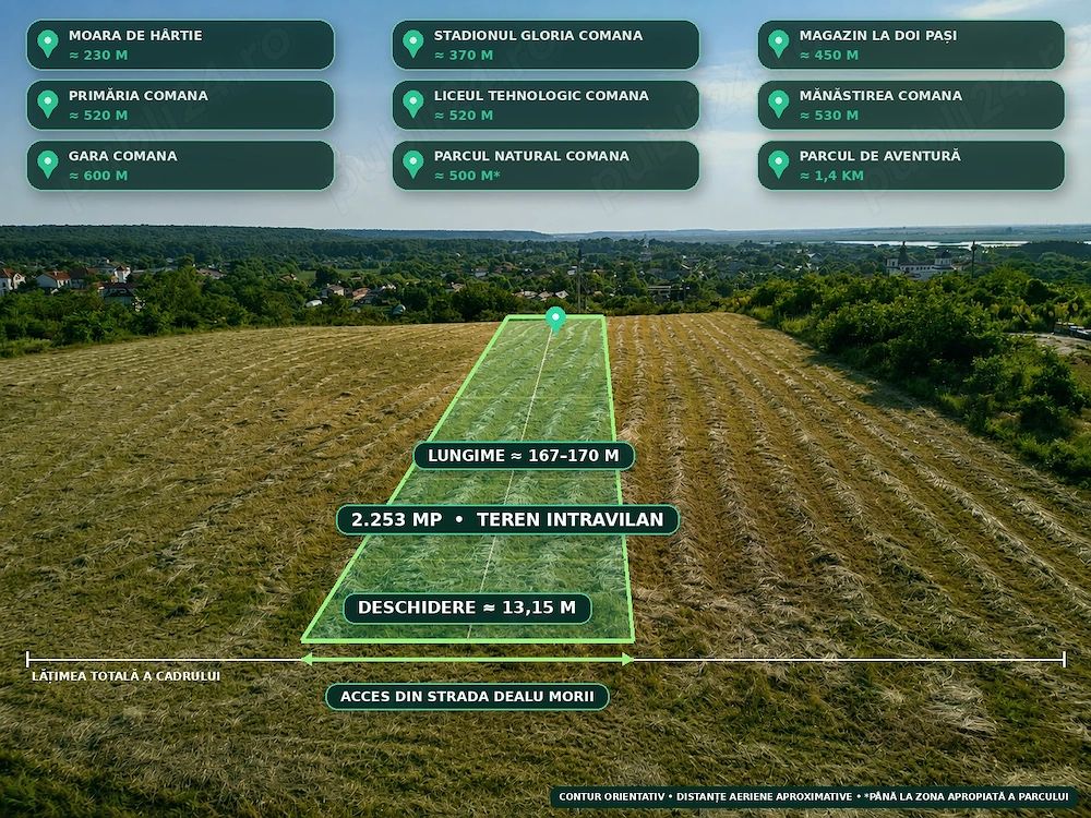 Teren intravilan 2.253 mp în Comana   panoramă superbă, apus peste localitate, aproape de București
