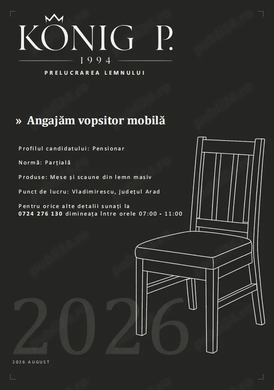 Angajăm vopsitor mobilă   Profilul candidatului: Pensionar   Normă: Parțială