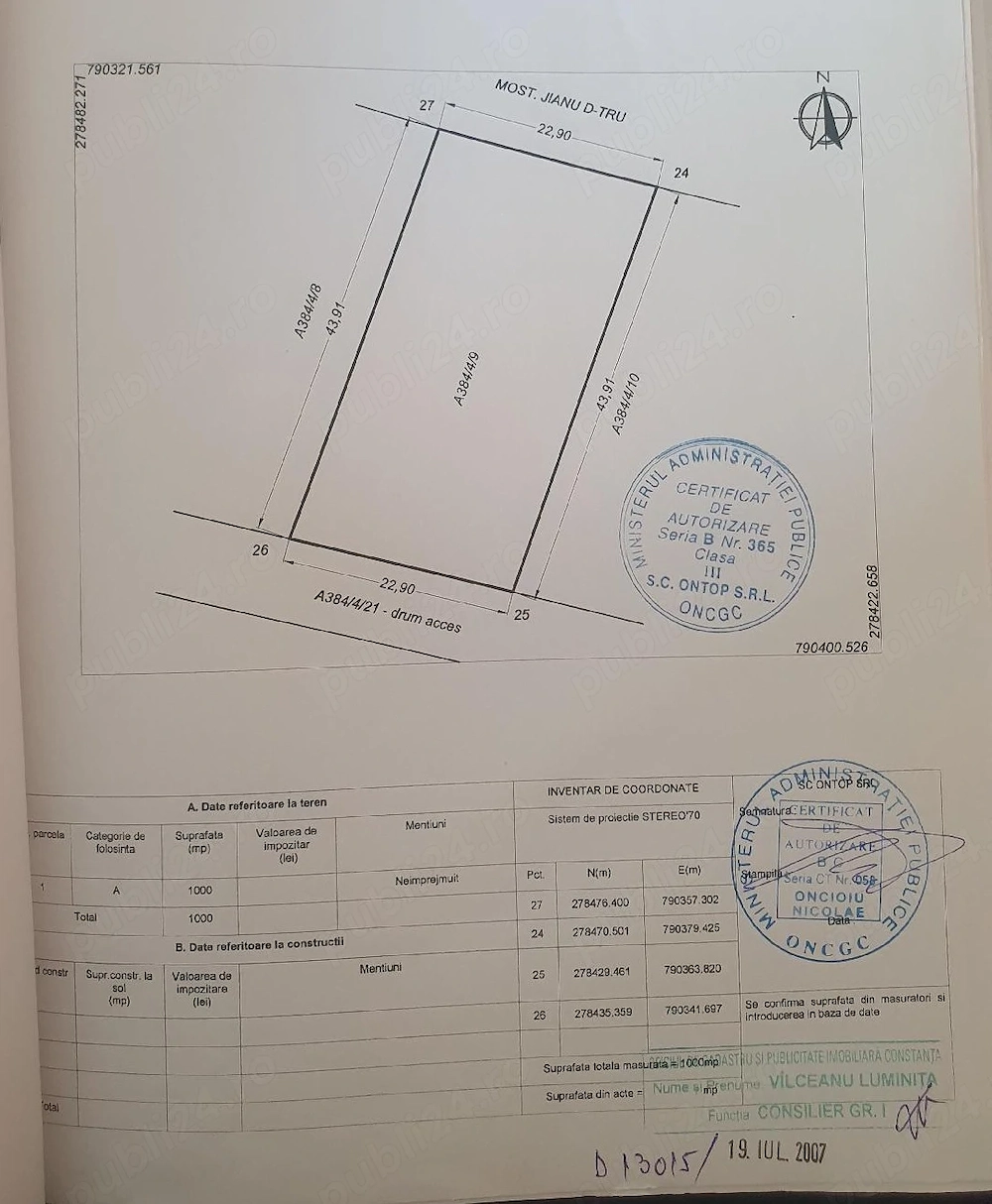Vand teren in suprafata de 1.000 mp extravilan + 190 mp drum de acces - Costinesti