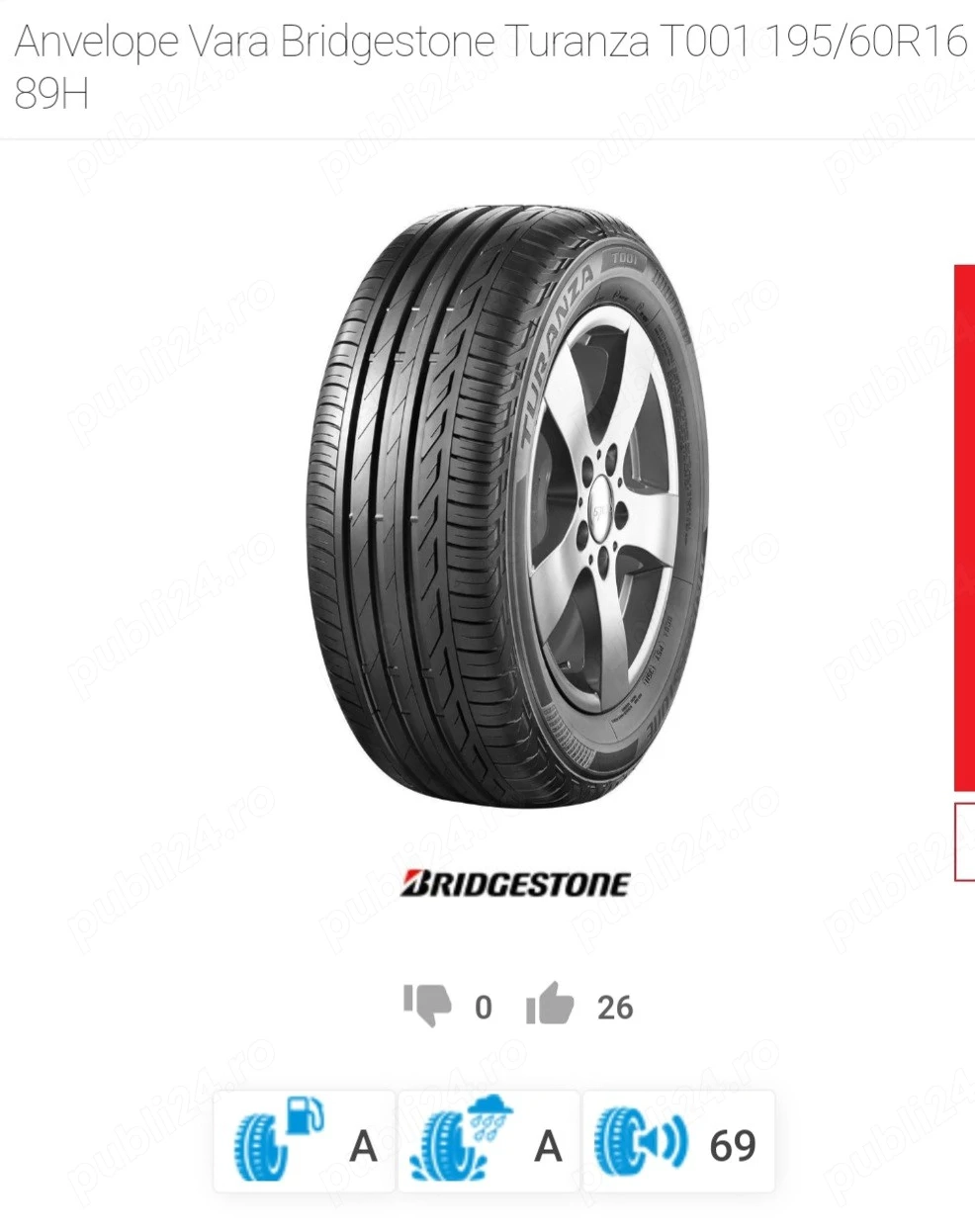 Set 4 anvelope vară Bridgestone Turanza T001 195/60 R16 89H - Rulate sub 90km!