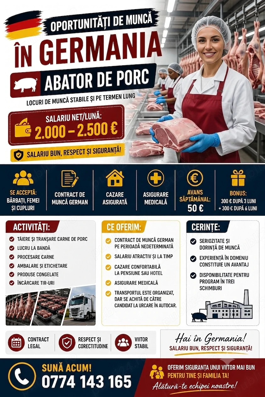 Locuri de munca Germania- bărbați,  femei. cupluri Abator de porc