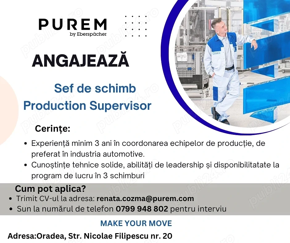 Purem Oradea angajeaza Production Supervisor - Sef de Schimb in productie 
