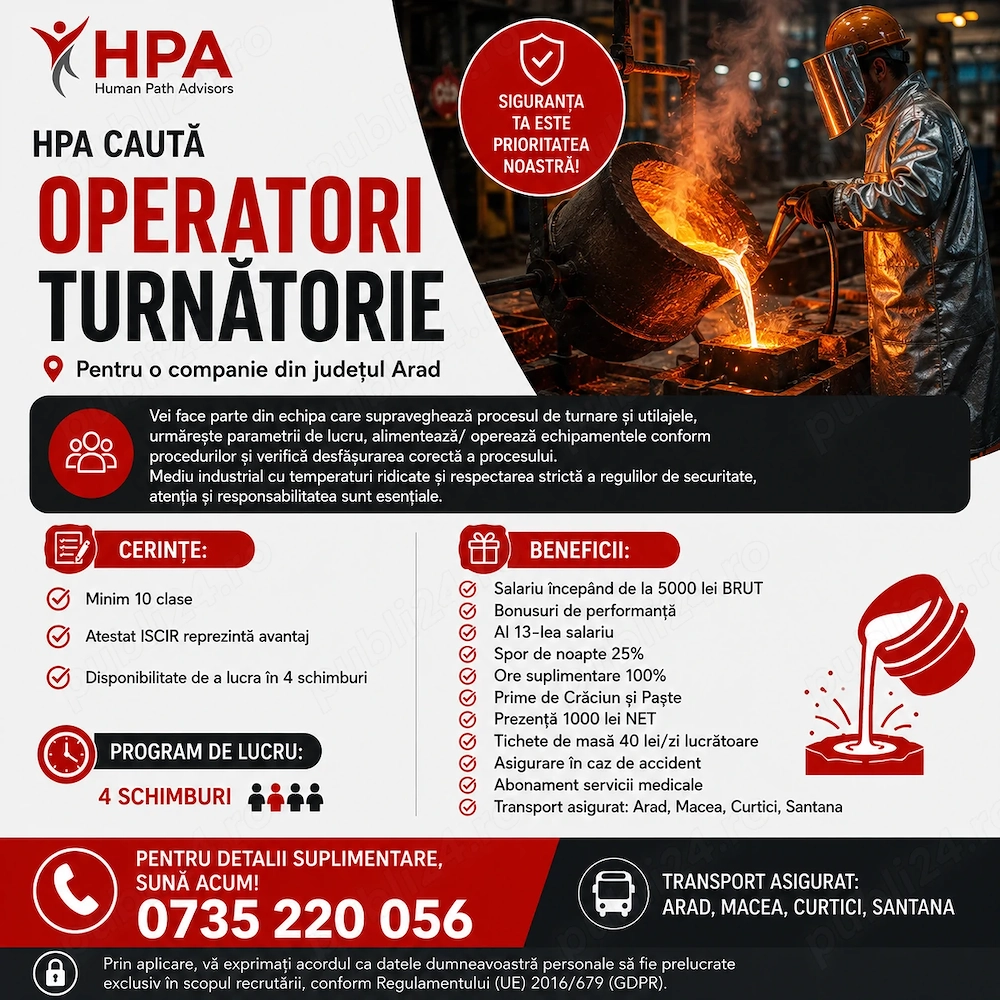Angajăm Operator Turnătorie   Companie din județul Arad