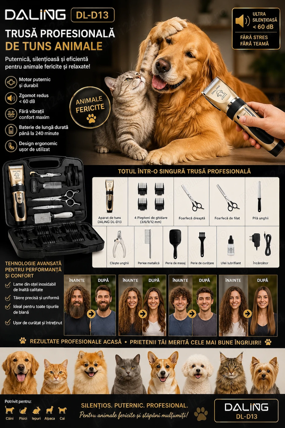 Set cosmetizare animalule tăiat unghii par etc Contine mașina tuns reincarcabila pe usb cu litiu.   