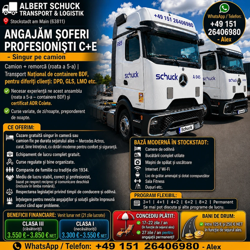 Angajari Soferi C+E la Albert Schuck Transport & Logistik   Venit lunar net 3550  - 3850 