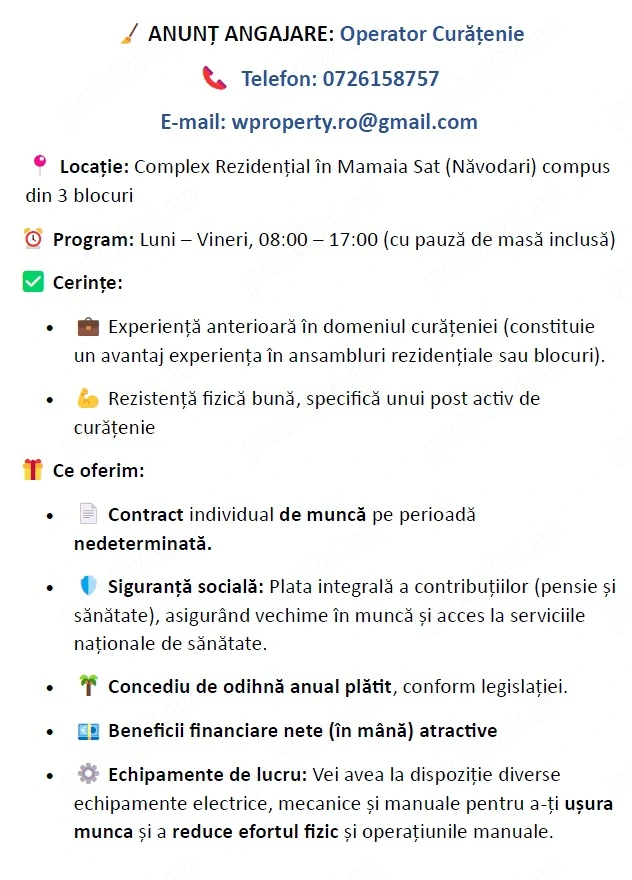 Loc de munca operator curatenie complex rezidential