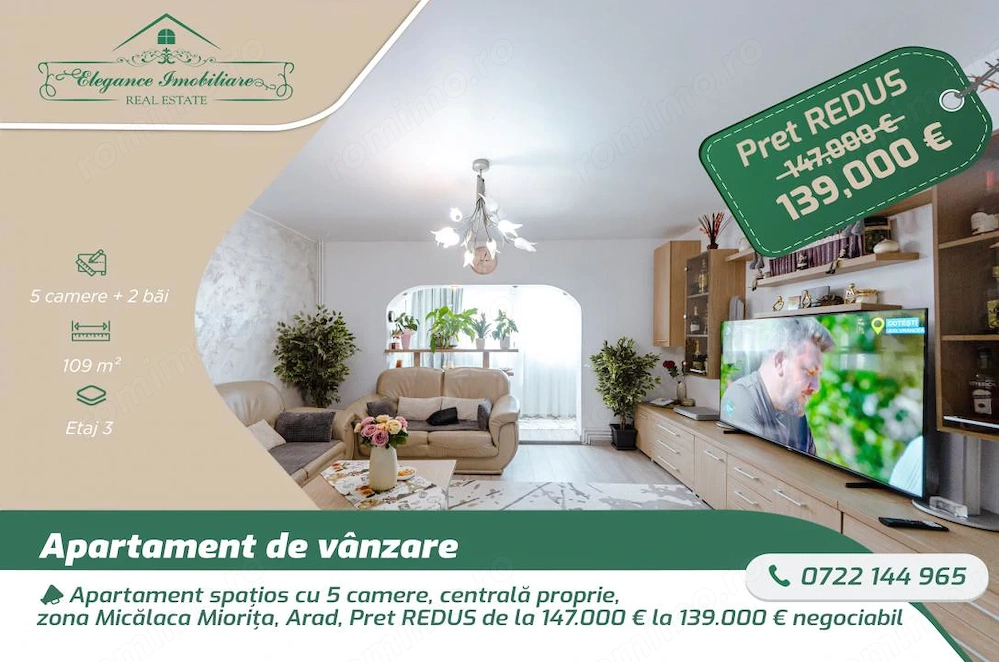 Apartament spațios cu 5 camere, centrală proprie,  zona Micălaca Miorița, Arad