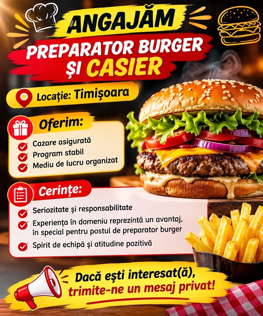 Angajam personal Burgerie   oferim cazare