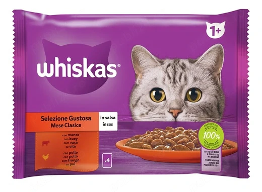 Hrană umedă Whiskas pt pisici adulte 4x85g selecții clasice în sos de carne