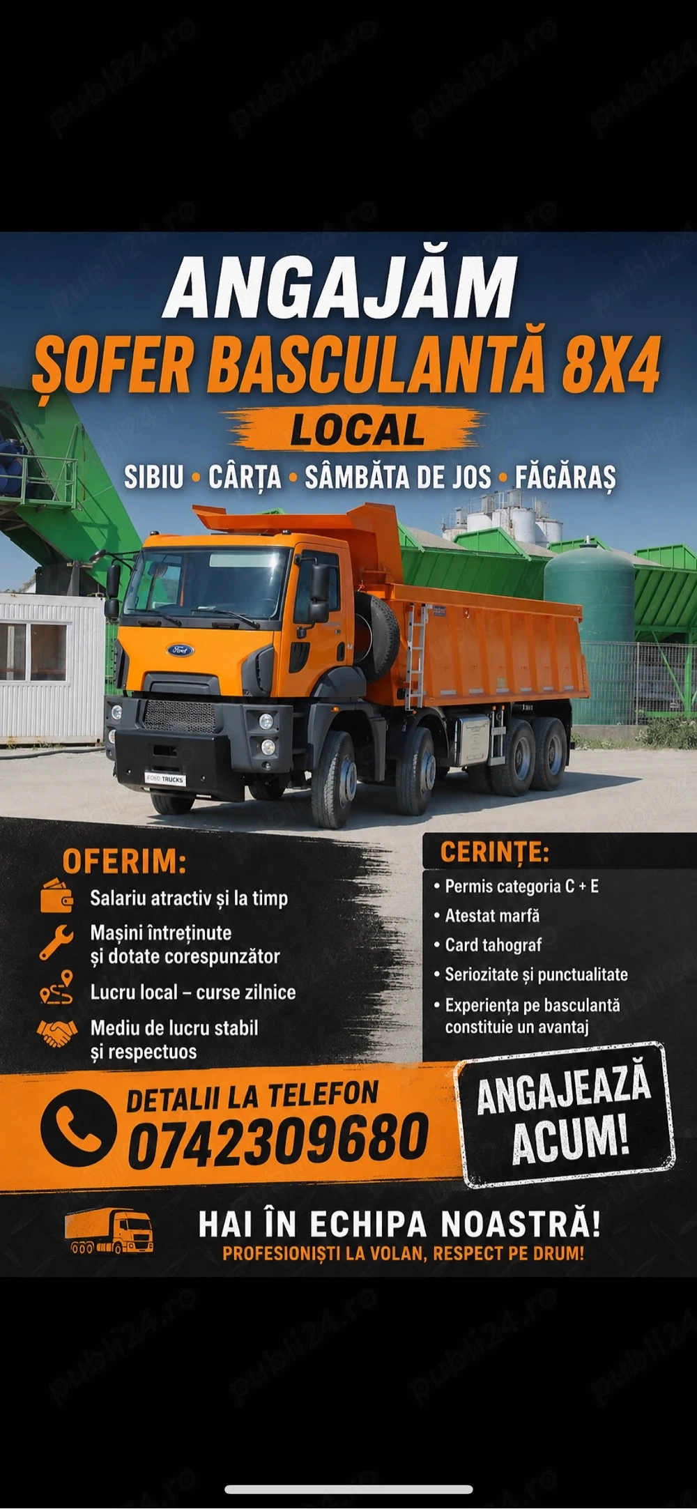 Angajez sofer basculanta local Sibiu Cârța Sambata de Jos Fagaras 