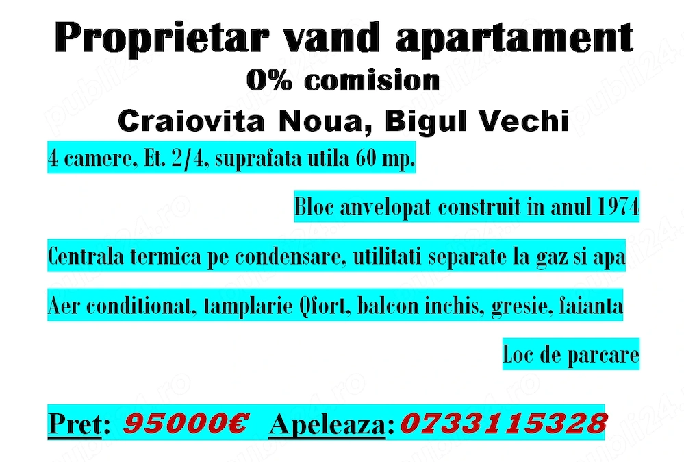 4 camere, Etaj 2, Semidecomandat, 60 mp. Loc de parcare, Craiovita Noua, Bigul Vechi, proprietar