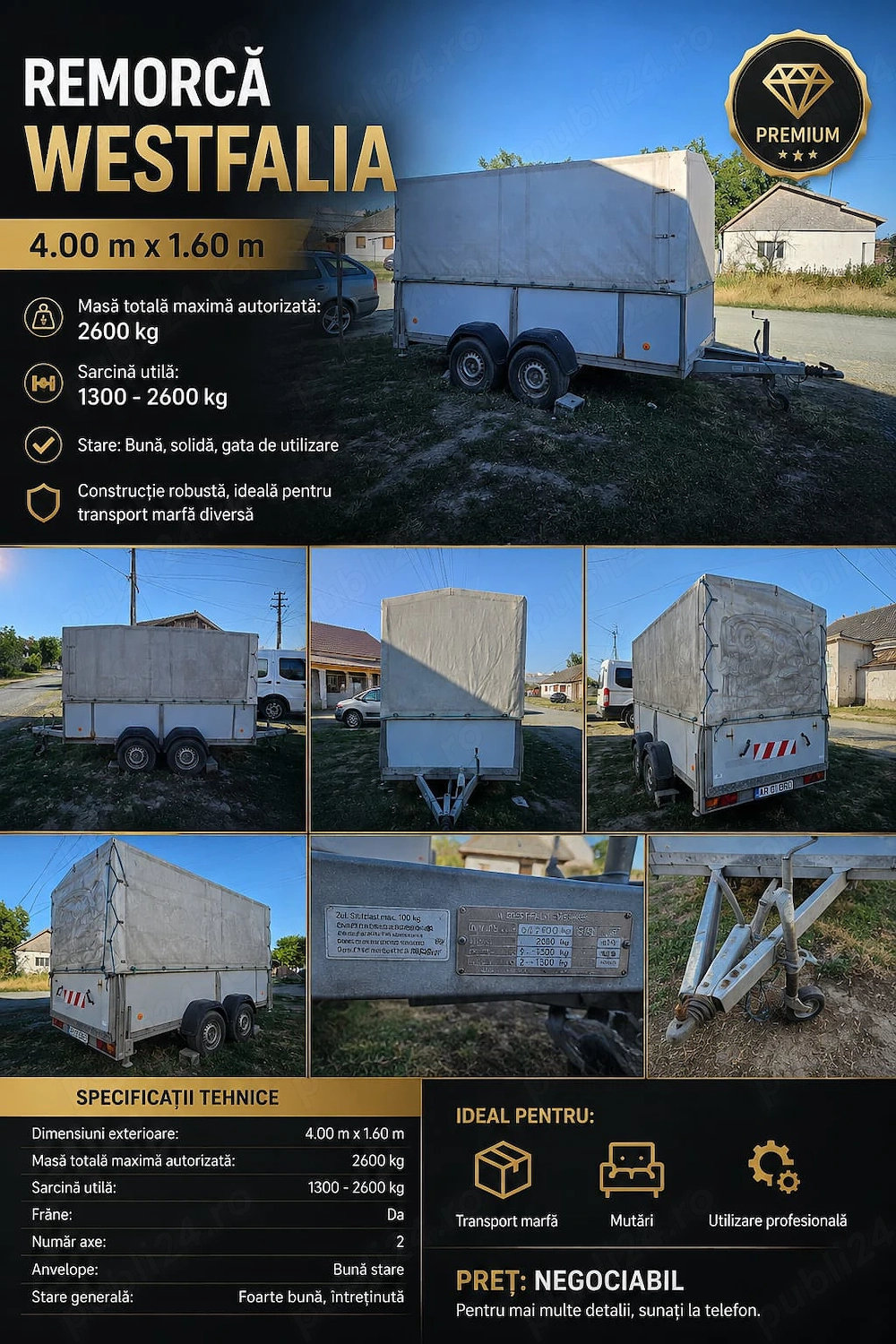Vînd remorc  Westfalia Dublu Ax, 2600Kg