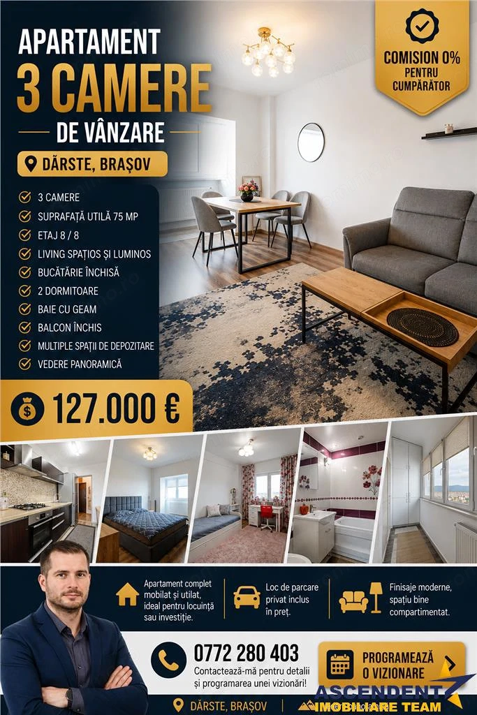 Apartament de 3 camere mobilat si utilat modern, structura decomandata