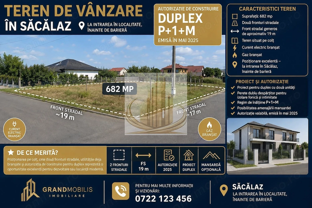 Săcălaz | Teren 682 mp | Proiect + Autorizație Duplex | 2 Fronturi