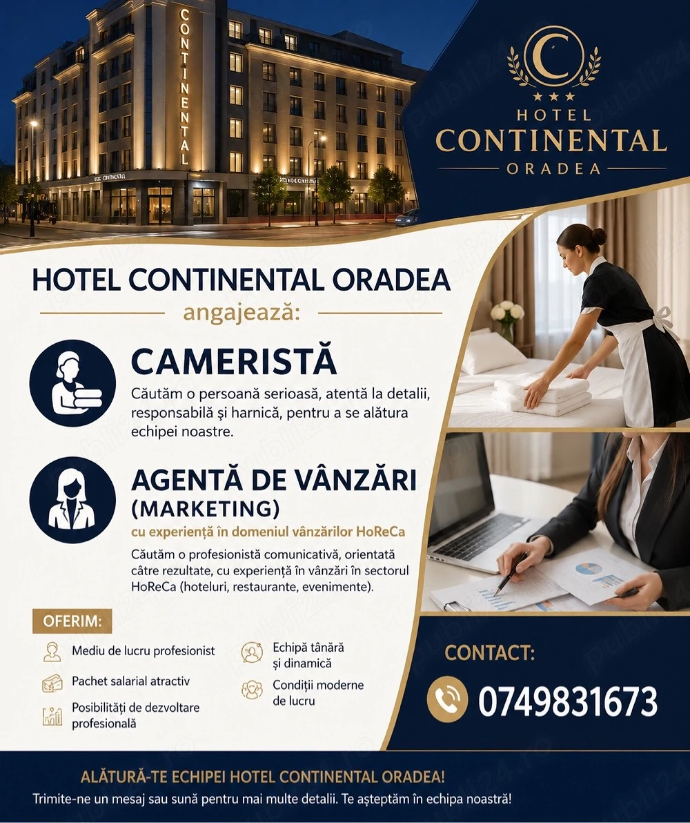 Hotel Continental Oradea angajează cameristă și agentă de vânzări