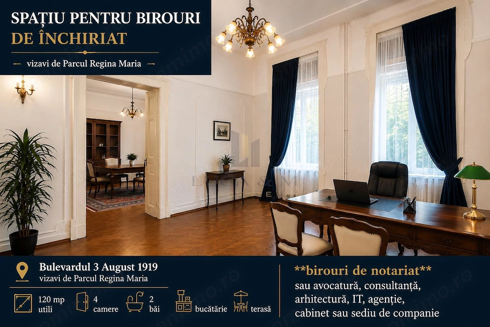 Spatiu pentru birouri de inchiriat – 120 mp + terasa | Parcul Regina Maria | 980 € lun #259;