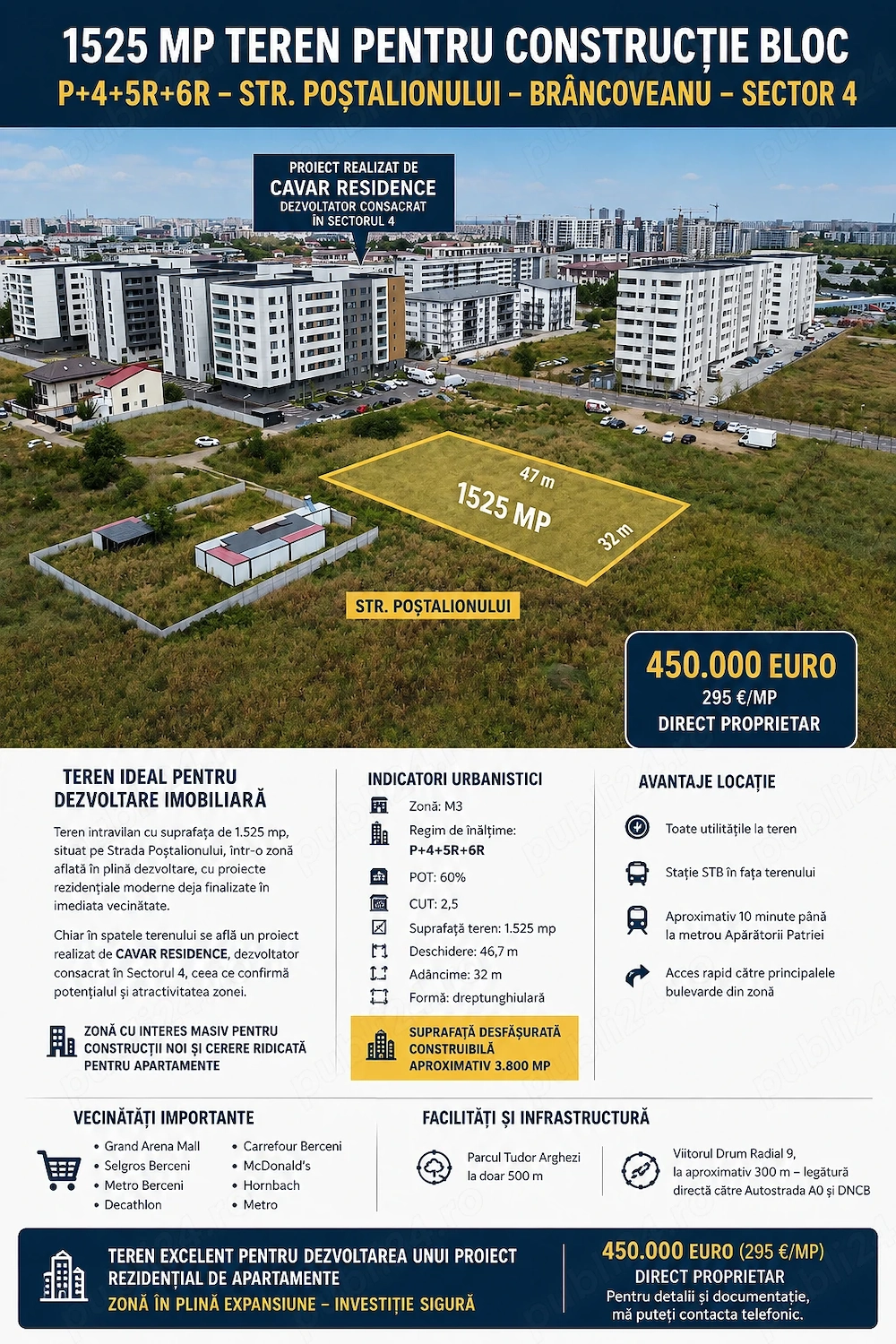 1525 mp teren pentru constructie bloc P+4+5R+6R - Str Postalionului - Brancoveanu - sector 4