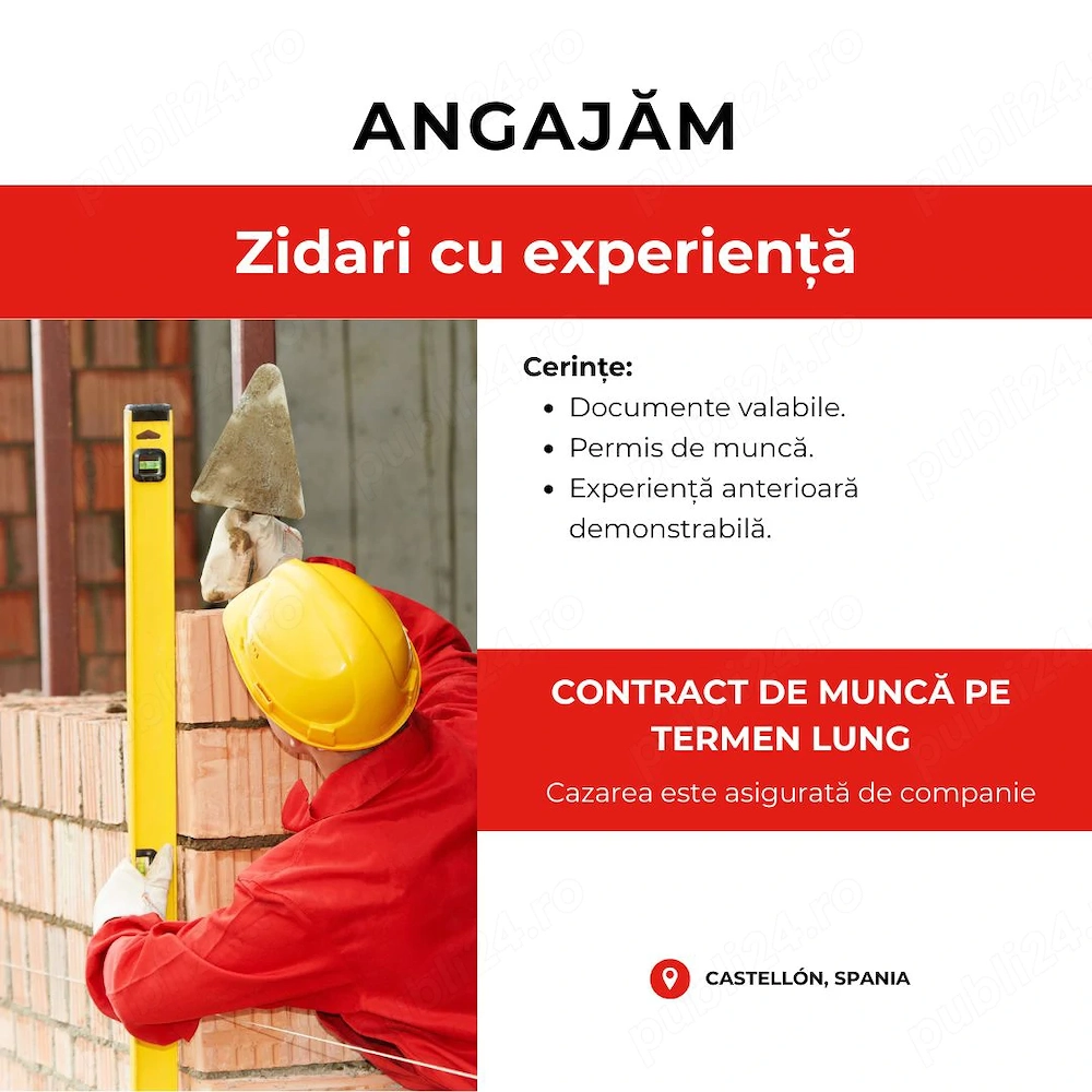 Angajăm zidari cu experiență pentru muncă în Spania
