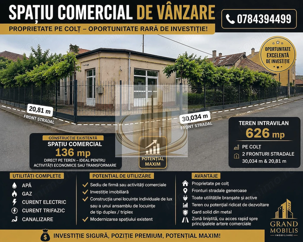 Teren intravilan-Spatiu comercial –Blascovici|626 mp|2 fronturi