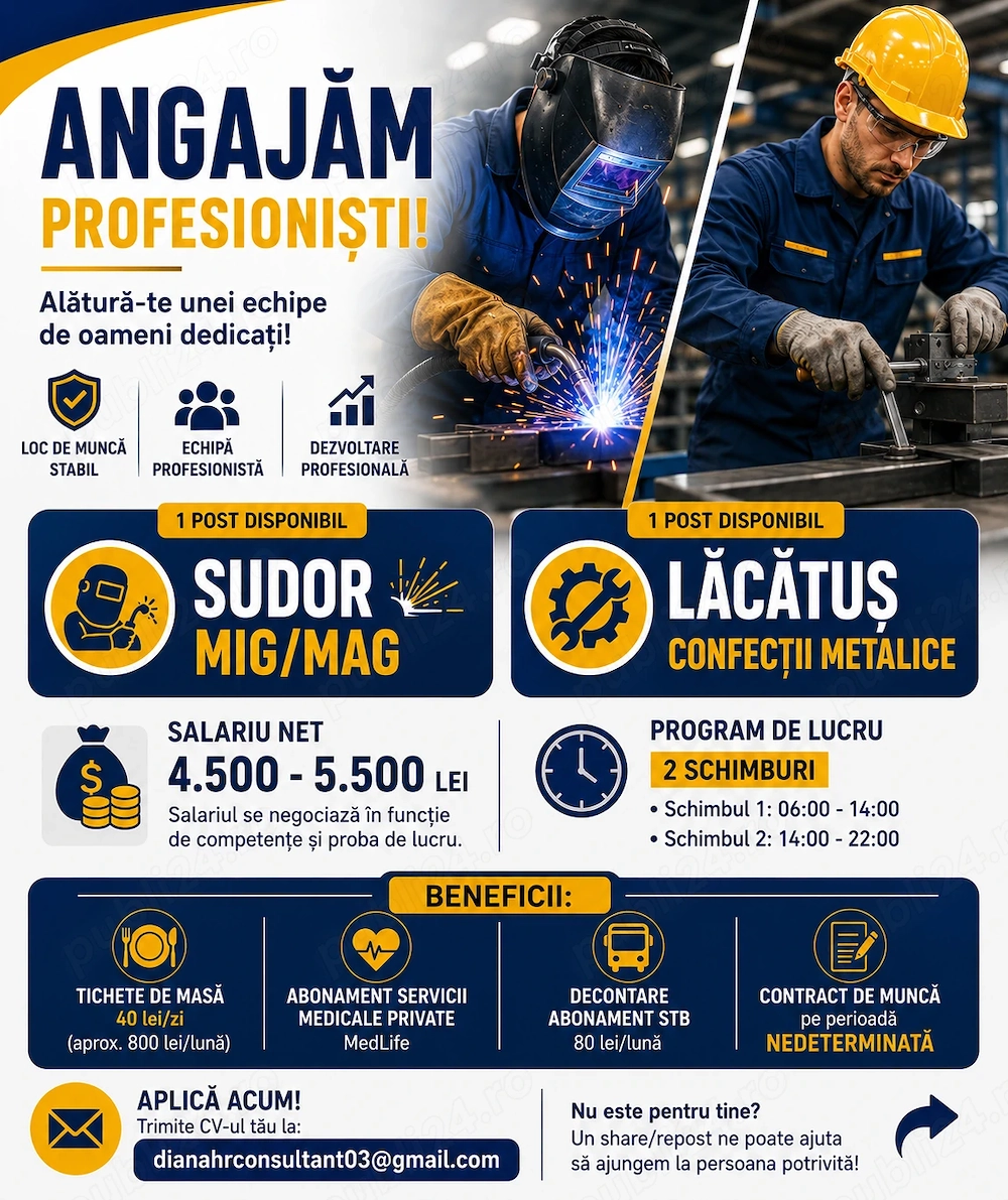 Voluntari, Ilfov Angajăm Sudor MIG MAG & Lăcătuș