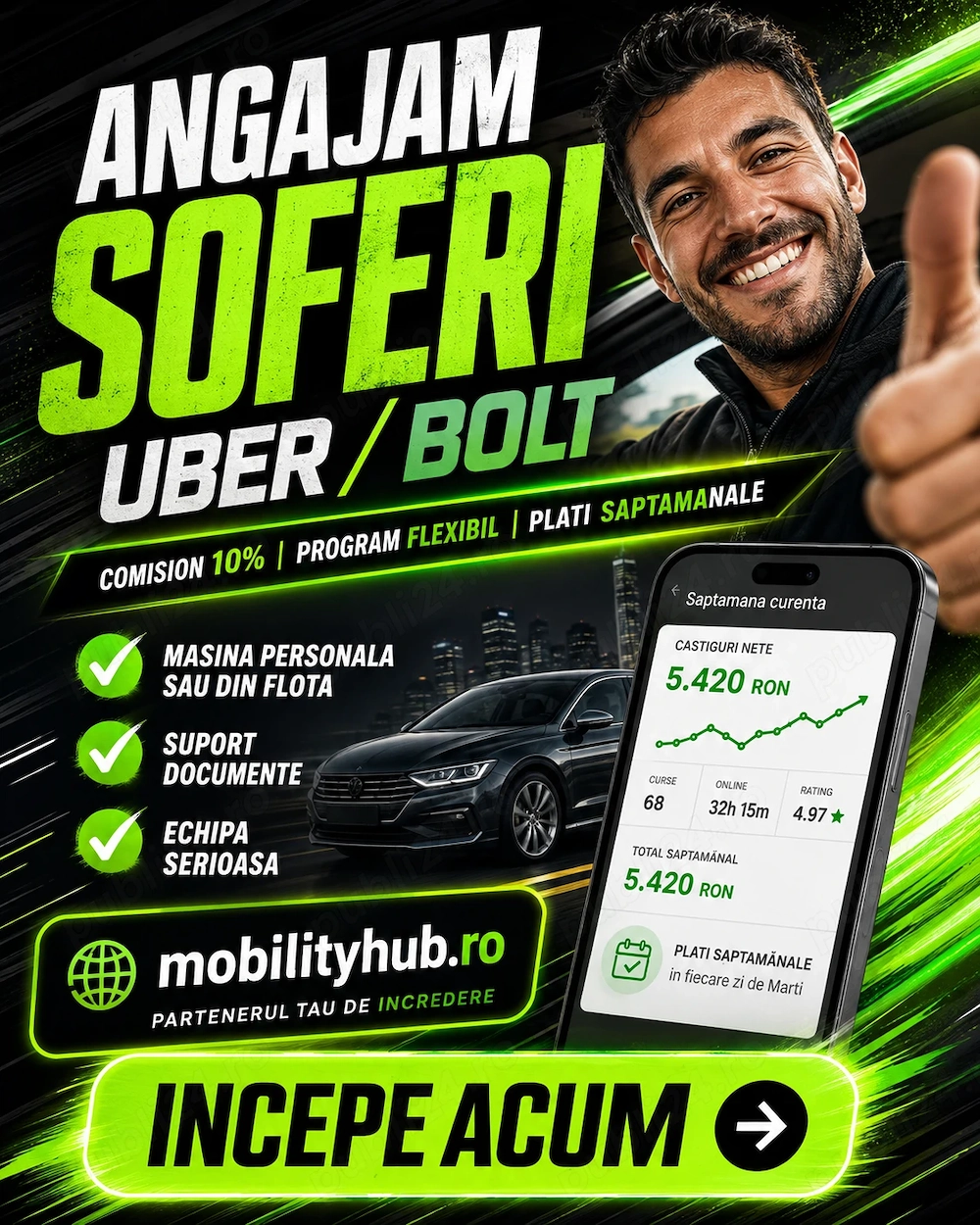Șofer Uber Bolt în Timișoara !  Venituri bune și flexibilitate totală!