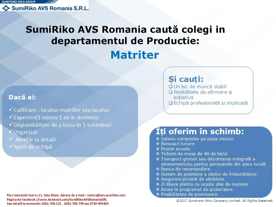 Angajam MATRITER in departamentul productie