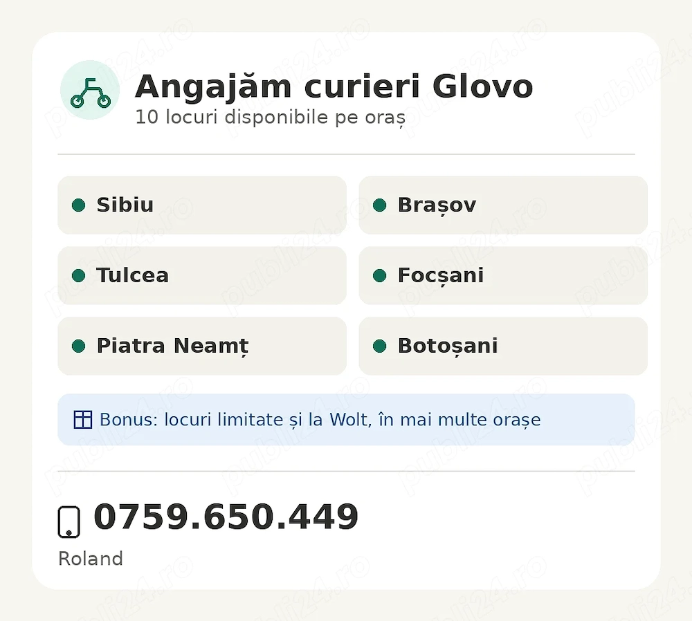 Angajăm curieri Glovo - Sibiu, Brașov, Tulcea, Focșani, Piatra Neamț, Botoșani