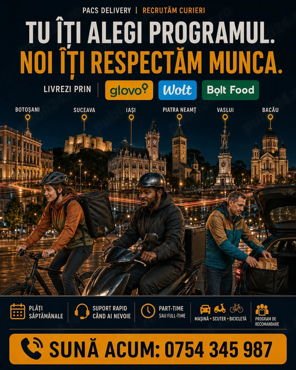 Angajam curieri livratori Glovo, Wolt, Bolt in Botosani, plata saptamanala, program flexibil