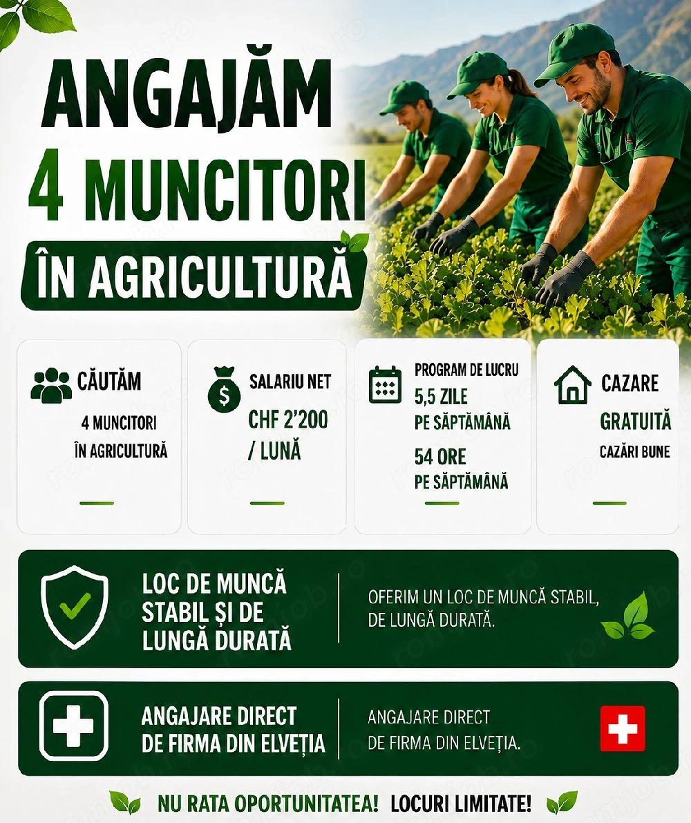 Angajăm 4 muncitori în agricultură in Elveția