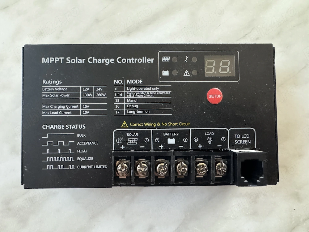 Regulator Încărcare Solară MPPT Vechline 10A – Ideal Rulotă / Autorulotă (12V/24V)