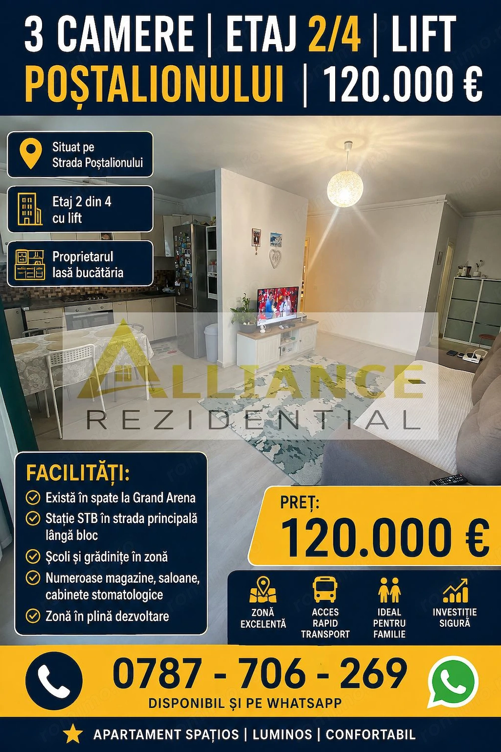 3 Camere | Etaj 2/4 | Lift | Poștalionului | 120.000 €
