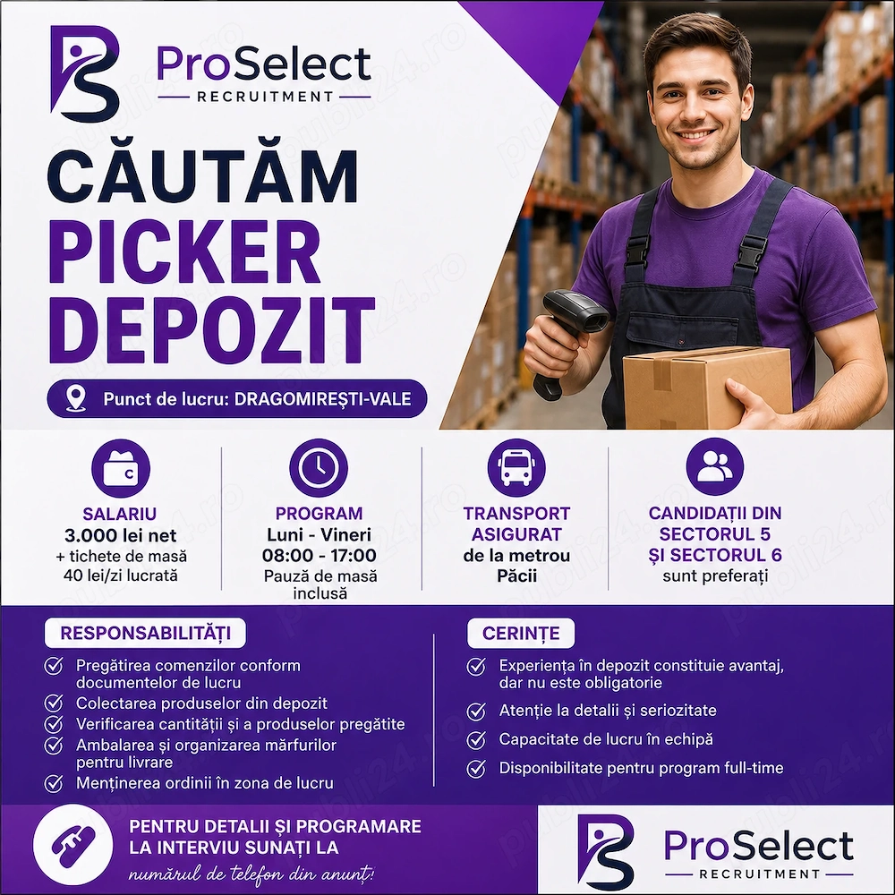 Angajam Picker Depozit - URGENT - Dragomiresti Vale - Transport asigurat