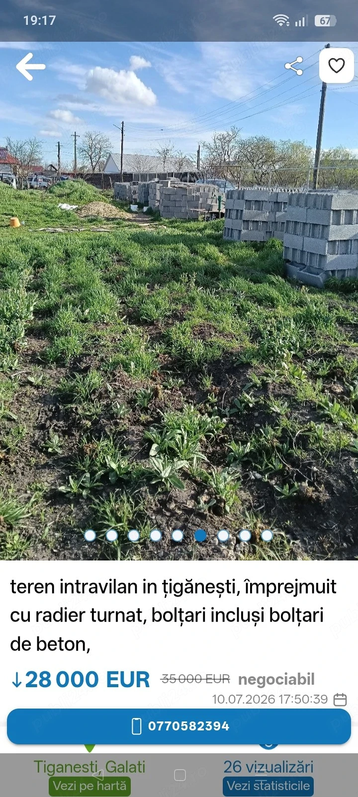 teren intravilan in țigănești,la 5 minute de Tecuci,împrejmuit, bolțari incluși bolțari de beton, 