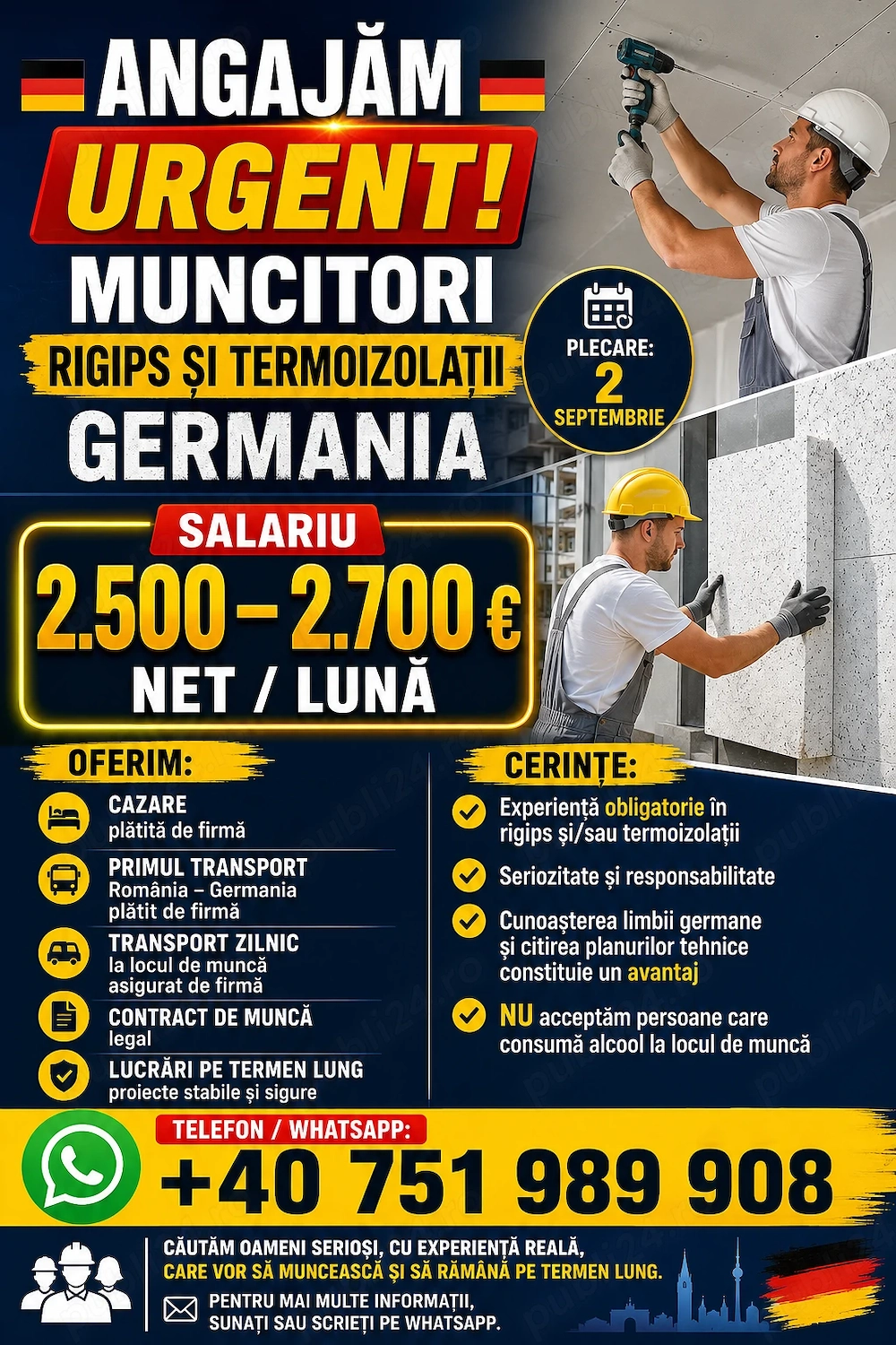 Angajăm urgent muncitori rigips- termoizolații 2.500-2700.  
