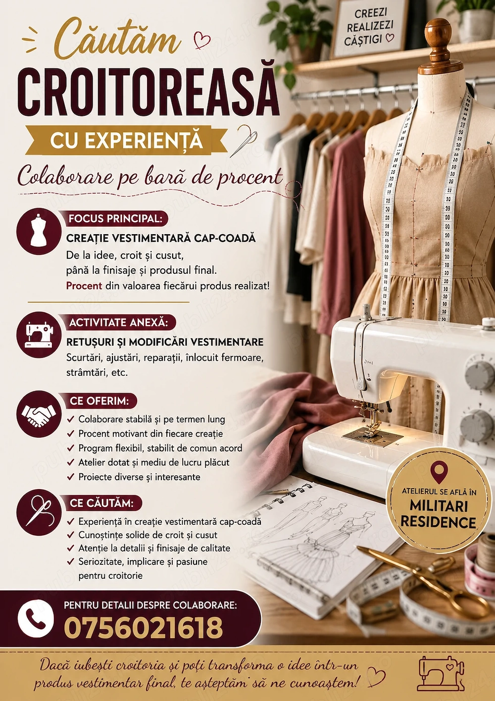    Căutăm Croitoreasă pentru Creație Vestimentară   Colaborare cu Procent din Fiecare Produs 