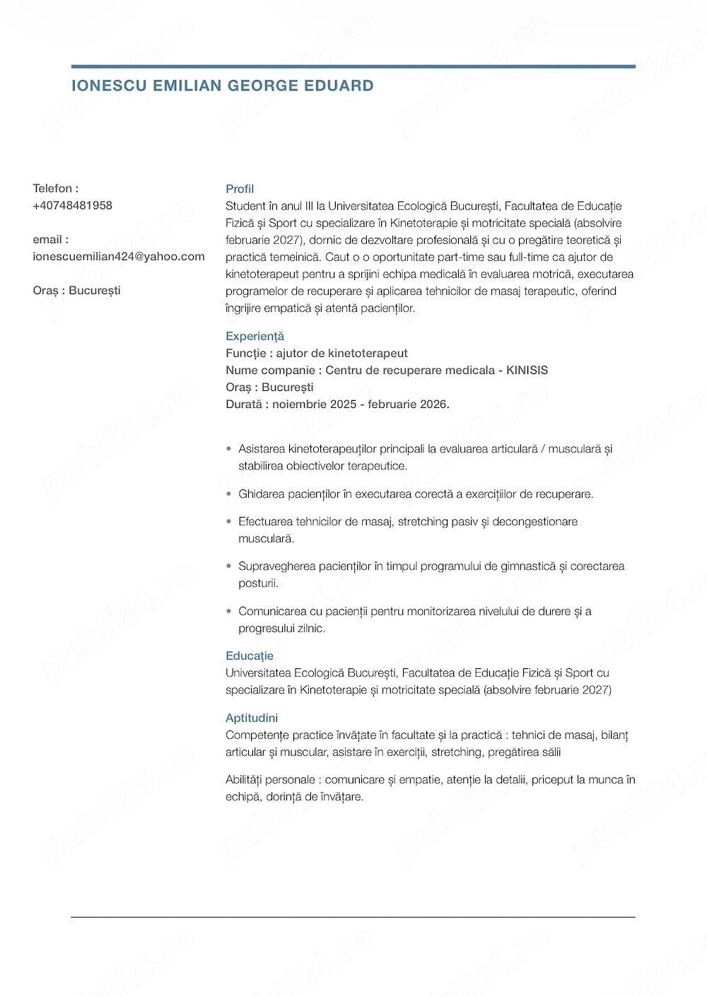 Student anul 3 Kinetoterapie   Caut job part-time   ajutor kinetoterapeut