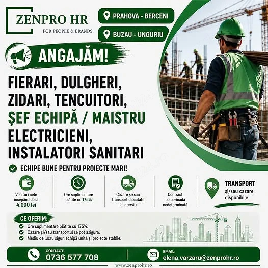 Instalator, Electrician, Sef de echipa Maistru, Tencuitor, Zidar, Dulgher, Fierar
