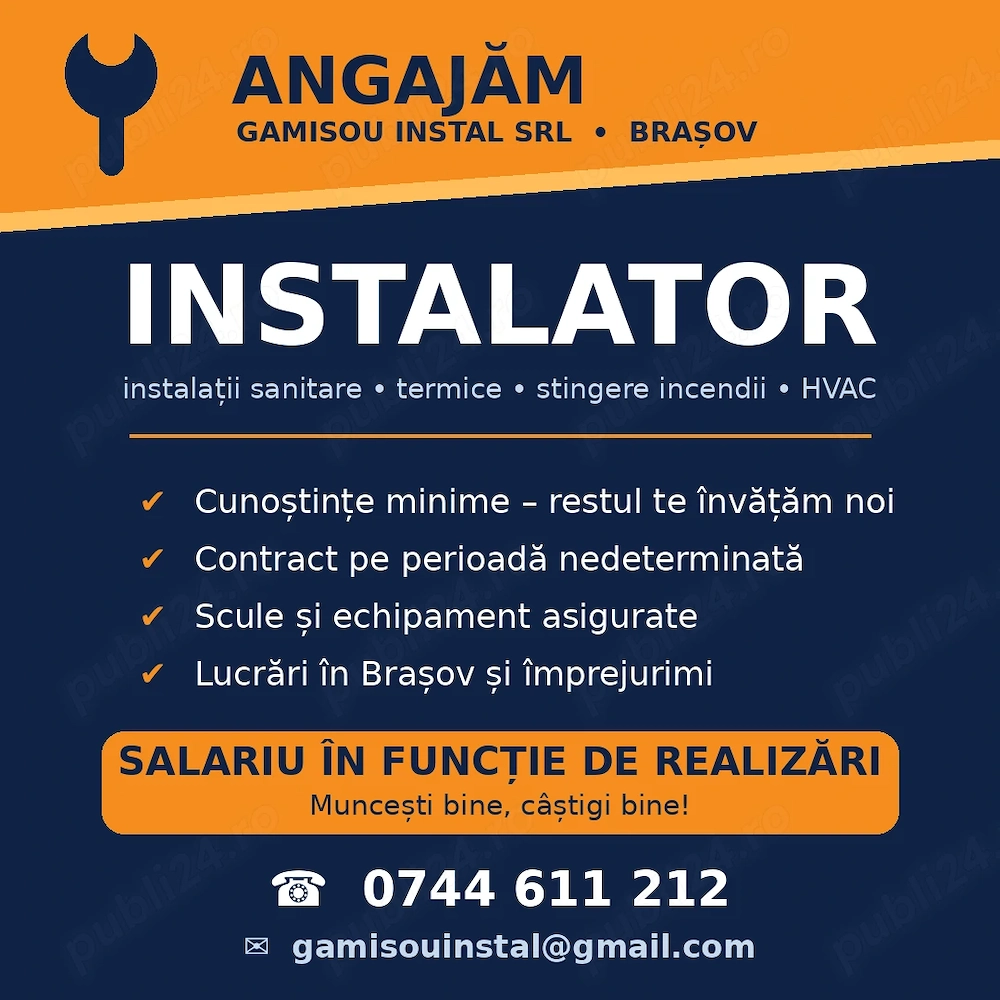 Angajam instalator, instalatii termice, sanitare, etc