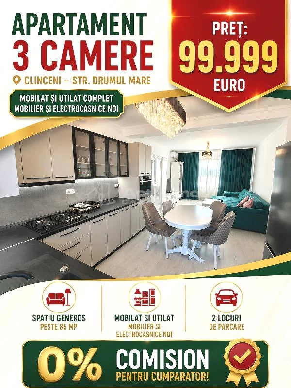 Vanzare -  Apartament mobilat - utilat  - Clinceni - 99999E  - tva inclus  - COMISION 0 !